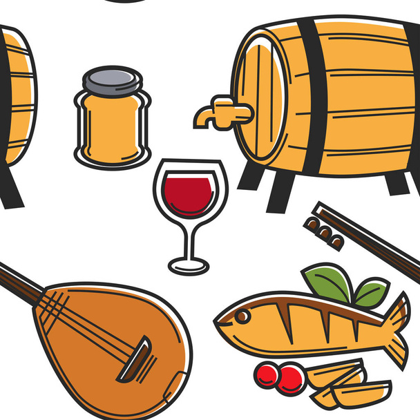 Cyprus food drink and musical instrument seamless pattern traveling - Vector, Image