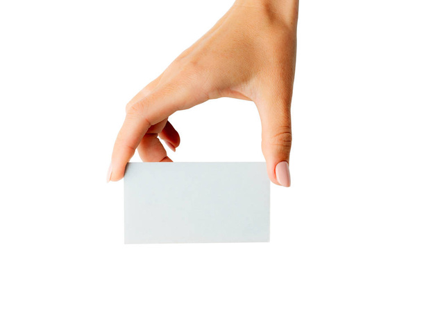 White business card in girl hands - Фото, зображення