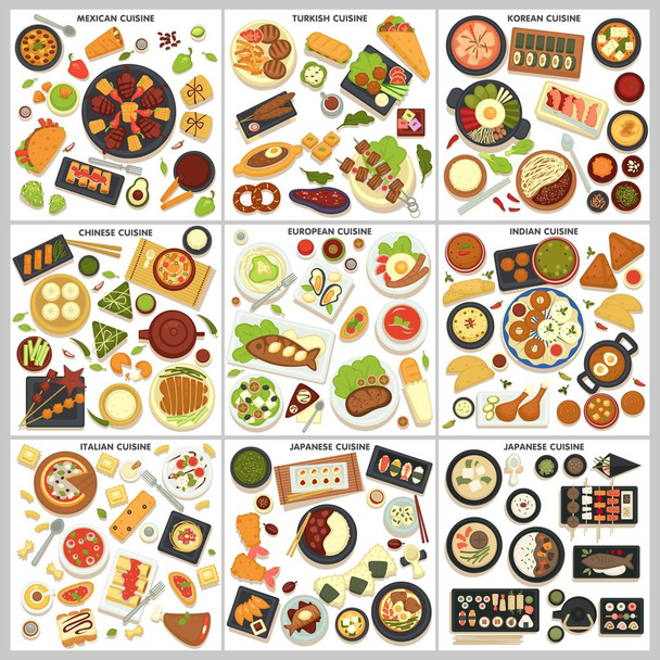 Mezinárodní kuchyně jídelní lístek a jídla pro vaření - Vektor, obrázek