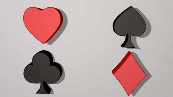 Spielkartenfarbe, animierte 3D-Kartenpips, rotes Herz, rote Raute, schwarze Keule, schwarzer Pik. Kartensymbole bewegen sich, rotieren. Casino-Werbung oder Business-Metaphora. - Filmmaterial, Video