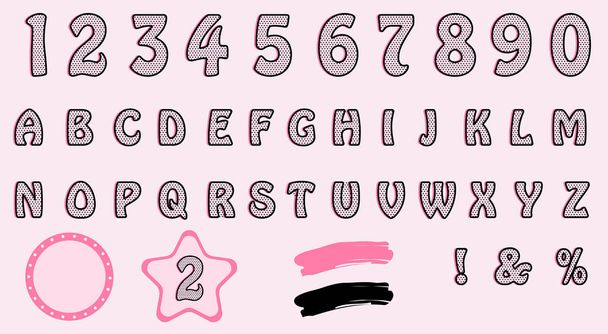 Cute  polka dots 3D english alphabet letters and number set. Vector LOL girly doll surprise style. Happy birthday banner text with hot pink shadow.  - Vector, Image