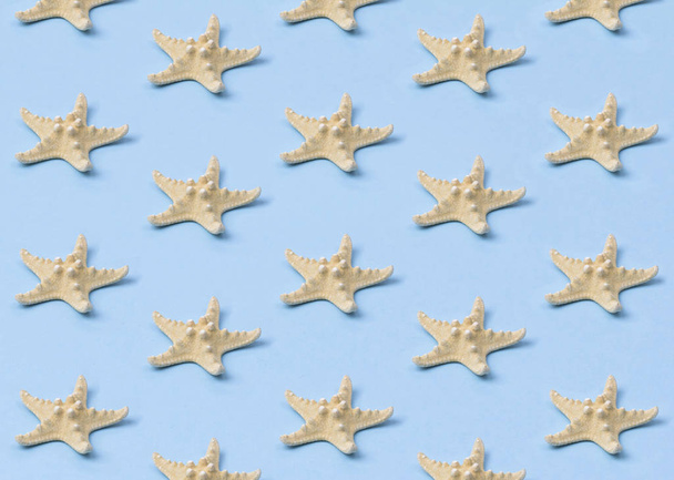 Yellow starfish pattern on pastel blue background. - Photo, Image