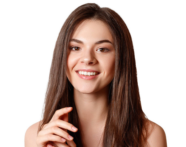 beauty portrait of a young beautiful brunette girl with brown eyes and straight long flowing hair isolated on white background - Zdjęcie, obraz