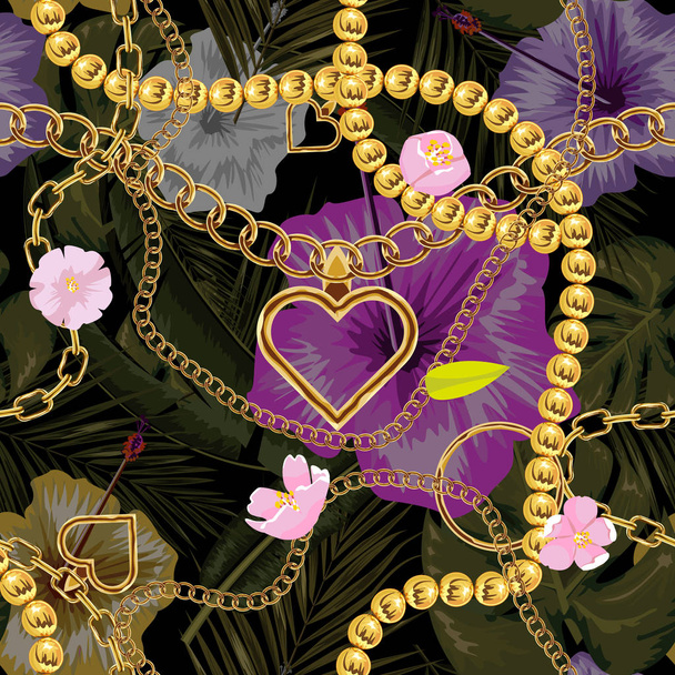 Mignonne texture de chaîne sans couture avec motif de fleurs tropicales et de feuilles. Illustration vectorielle couleur plate et unie
. - Vecteur, image