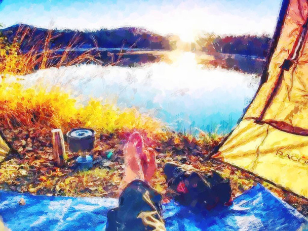 Dipingi. Corpo in tenda da campeggio al lago in bella mattina
 - Foto, immagini