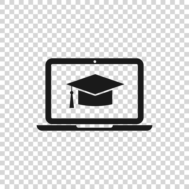 Сірий випускний ковпачок на екрані ноутбука ікона ізольована на прозорий фон. Онлайн-навчання або концепція електронного навчання. Векторна ілюстрація - Вектор, зображення