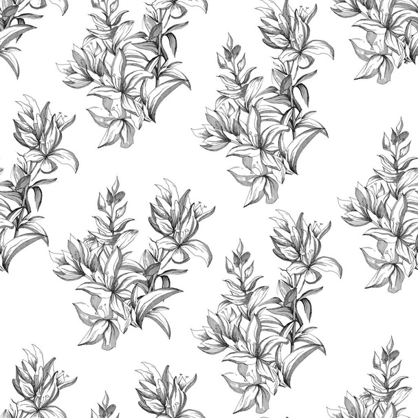 Light background from contour flowers. Outline drawing with flowers and blooming herbs. Vintage texture for decoration of fabric, tile and paper and wallpaper on the wall. - Vektor, kép