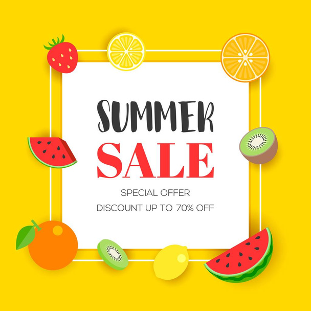 Summer sale with tropical fruits background - Vektori, kuva