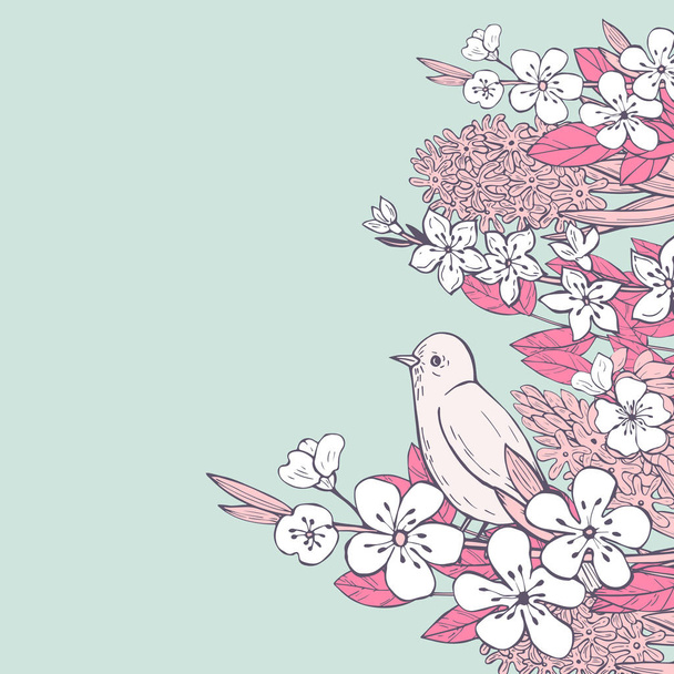 Spring background with  hand drawn birds and flowers. - Vector, Image