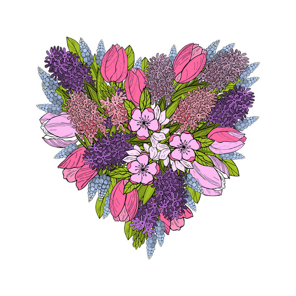 Heart with  spring flowers. Tulips and hyacinths.  - Vector, Image