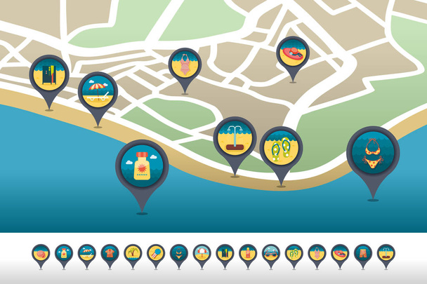 Beach pin map icon located on the map. Vacation - Vector, Image
