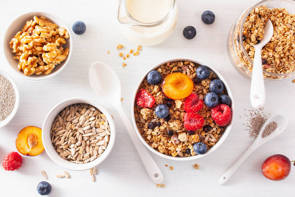 healthy granola for breakfast with berry fruit nut, vegan milk - Photo, Image