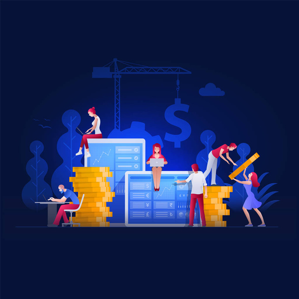 Vector illustration people are working on financial issues together on large screen and building a new achievements. Business finance, investment and teamwork concept.  - Vector, Image