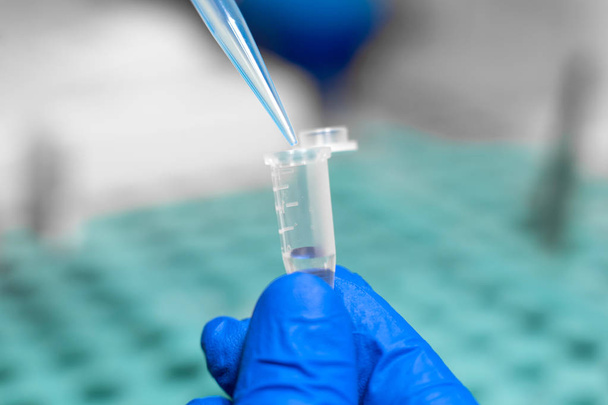 Asystent laboratoryjny analizujący próbkę krwi za pomocą MICR - Zdjęcie, obraz