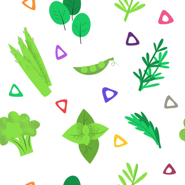 Bezszwowy wzór z zielonymi ziołami na białym - Wektor, obraz