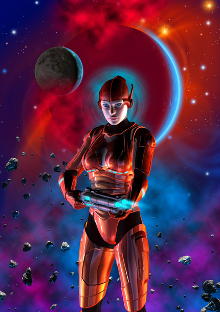 futurystyczny wojownik kobieta z czerwonym garnitur, uzbrojony w ciężką broń, planety, Mgławica i gwiazd, ilustracja 3D - Zdjęcie, obraz