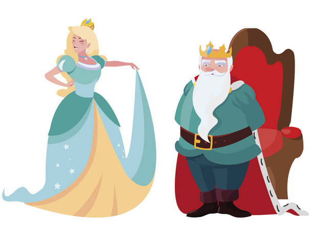 gyönyörű hercegnő és király trónra a mesék karakterek - Vektor, kép