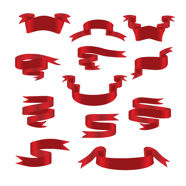 Kırmızı parlak kurdele afiş kutlamalar sembolleri ayarlayın. Beyaz arka planda yalıtılmış şeritler koleksiyonu. - Fotoğraf, Görsel