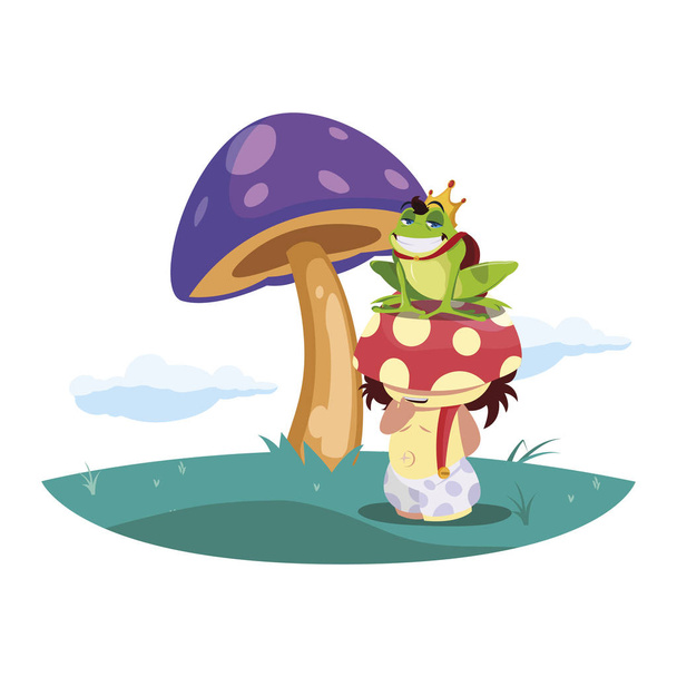 sapo príncipe y fungu elfo en el jardín
 - Vector, Imagen
