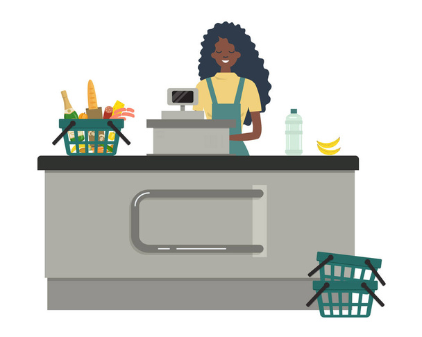 Supermarketin kassanhoitajan nettibanneri. Nuori musta nainen seisoo kassakoneen lähellä. Kuvassa on myös vihreä ostoskärry, jossa on tuotteita. Vektorin tasainen kuva
. - Vektori, kuva