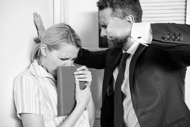 Workforce sexual harassment. Sexual harassment at work. Female with disgusting face. - Fotoğraf, Görsel