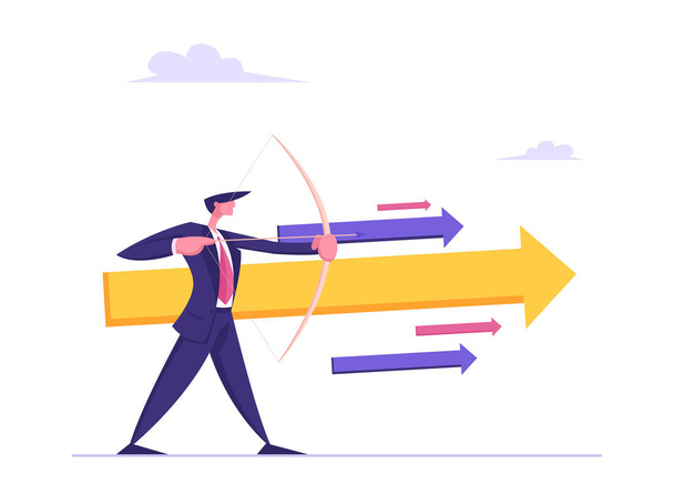 Businessman with Bow and Arrow Aiming Financial Growth Target. Profit Benefit, Goal Achievement, Business Solution Strategy Concept. Vector flat illustration - Vector, Image