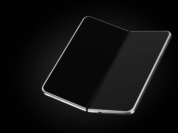 Концепція складання смартфона складається на довшій стороні. Гнучкий смартфон ізольований на чорному тлі з порожнім місцем на екрані. 3D візуалізація
 - Фото, зображення