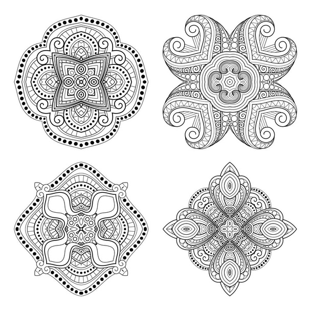 Vector Monocromo Conjunto de cuadrados. Cuatro objetos abstractos aislados sobre fondo blanco. Elemento decorativo étnico
 - Vector, imagen