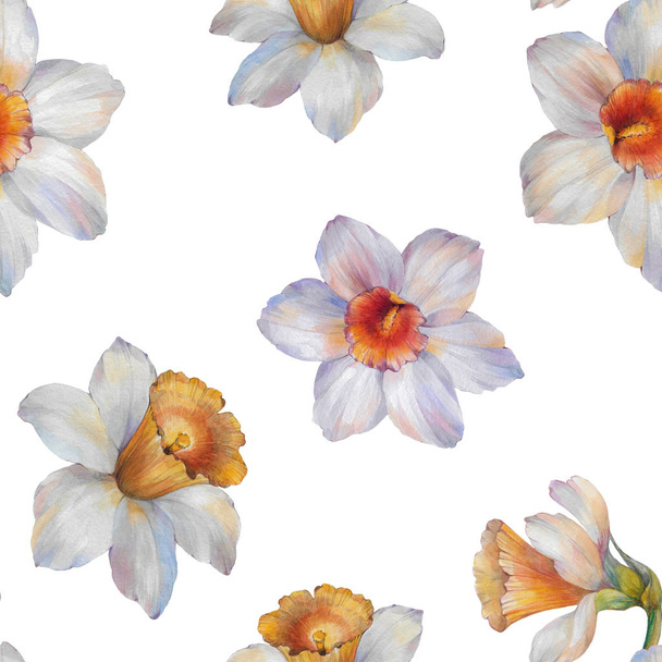 Seamless watercolor flowers pattern. Watercolor flowers narcissus. Seamless floral pattern. Hand painted flowers. Flowers for design.  - Фото, изображение