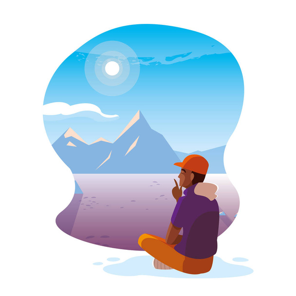 Afro Mann sitzt und beobachtet Schneelandschaft Natur - Vektor, Bild
