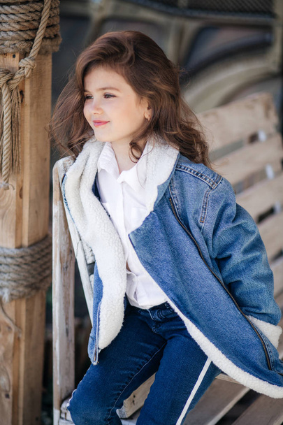 Cute Little Girl in jeans  jacket, Happy Childhood Concept - Photo, Image