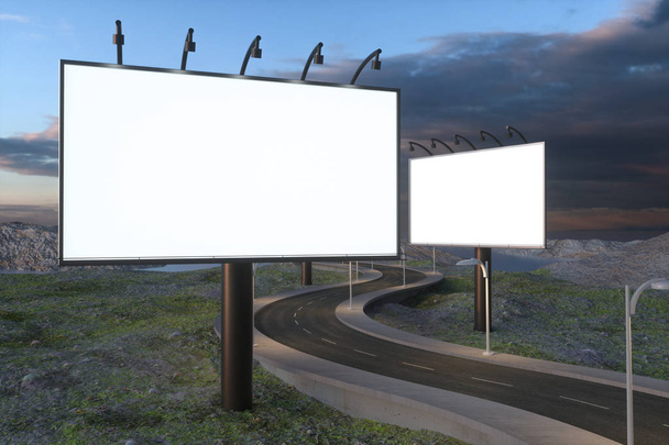 Blanco reclamebord en kronkelende weg, 3D-rendering - Foto, afbeelding