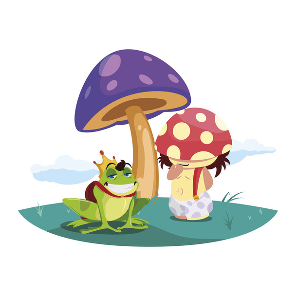 Toad Prins en Fungu elf in de tuin - Vector, afbeelding