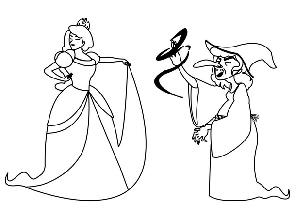όμορφη πριγκίπισσα με τη μάγισσα των ιστοριών χαρακτήρες - Διάνυσμα, εικόνα