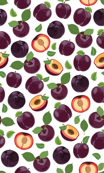 Fresh purple plum seamless pattern, slices, pits, leaves, core. Set of fruits. Vector illustration isolated on white background - ベクター画像