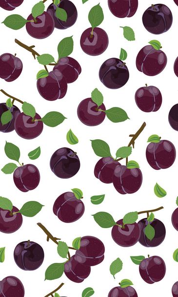 Fresh purple plum seamless pattern, Vector illustration isolated on white background - Vector, Image