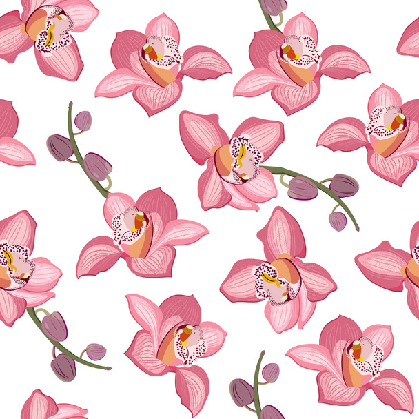 Pink orchid floral seamless pattern. Flowers bloom blossom foliage on white background. - Vector, Image