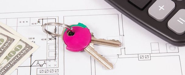 Ключі, валютний долар і калькулятор на електричних схемах будинку, іпотечний кредит на купівлю концепції будинку
 - Фото, зображення