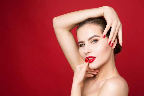 Red Lips and Nails, Woman Beauty Make Up, Red Lipstick Polish - Фото, зображення