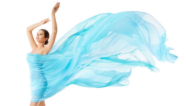 Woman Body Beauty Flying Blue Cloth, Fashion Model, Waving Dress - Φωτογραφία, εικόνα
