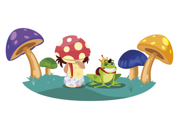 Toad Prins en Fungu elf in schimmel tuin - Vector, afbeelding