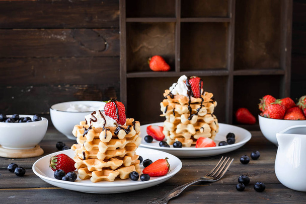 Waffles with berries and whipped cream - Photo, Image