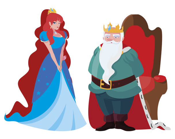 schöne Prinzessin und König auf dem Thron der Märchenfiguren - Vektor, Bild