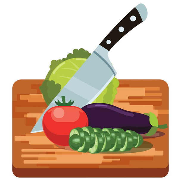 Verduras frescas en tabla de cortar de madera con cuchillo
 - Vector, Imagen