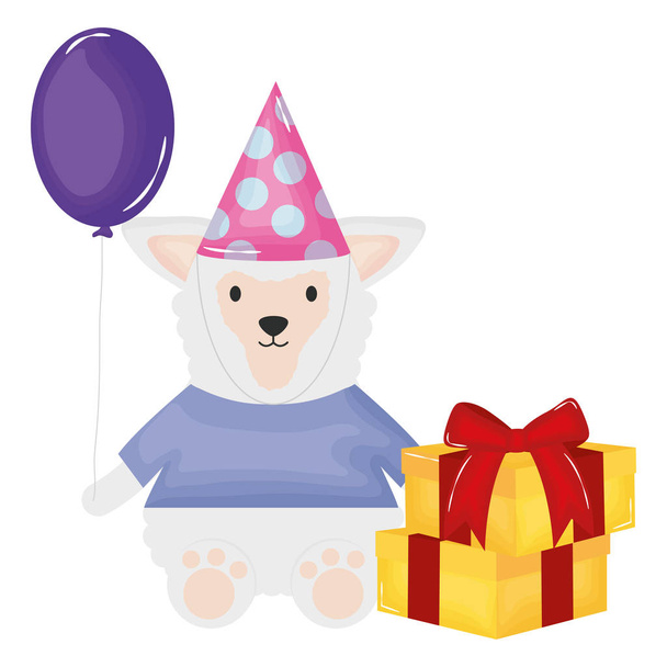schöne Lamm mit Geschenkbox und Ballon Helium in Geburtstagsparty - Vektor, Bild