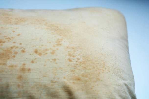 Close up Stains on dirty pillow are a source of germs and dust mites and mattresses, Selective Focus - Photo, Image