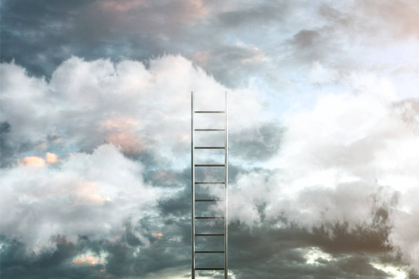 Échelle sur nuages avec fond de ciel - Voie vers le concept de succès. Illustration 3d
 - Photo, image