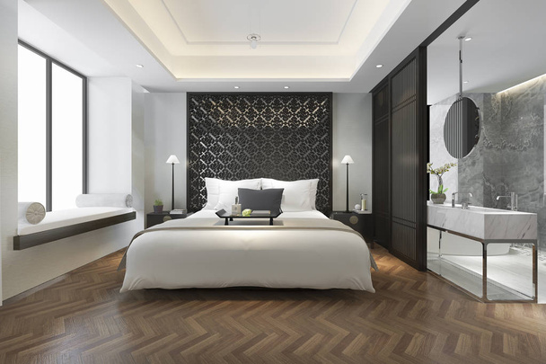 バスルーム付きのリゾートでモダンな豪華な中国のベッドルームスイートをレンダリング3D     - 写真・画像