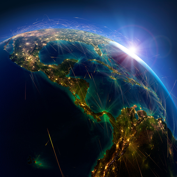 detaillierte Flugrouten auf der Erde. Mittelamerika. panama, kolumbien, - Foto, Bild
