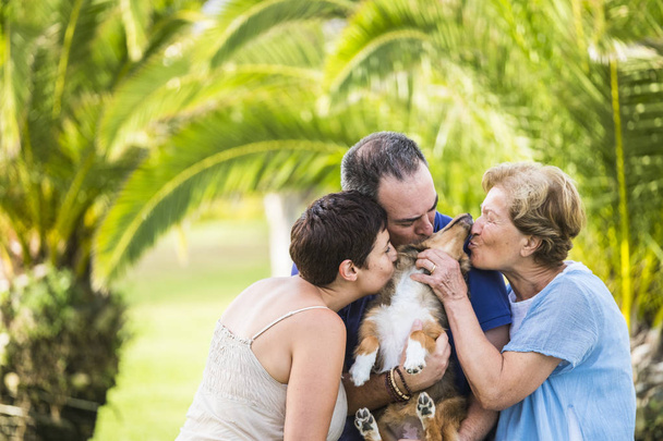 Rodinná skupina šťastní lidé líbání a hraní venku s pěkným legrační mladý pes shetland rozkošné štěně - pet terapie koncept a zelené rozostřené přírodní pozadí - Fotografie, Obrázek